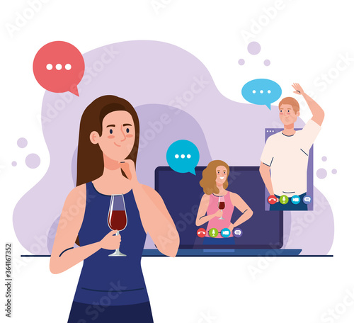 online party, meeting friends, people have online party together in quarantine, party web camera online holiday vector illustration design