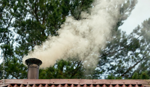 Thick smoke comes from the chimney of a bath in the forest