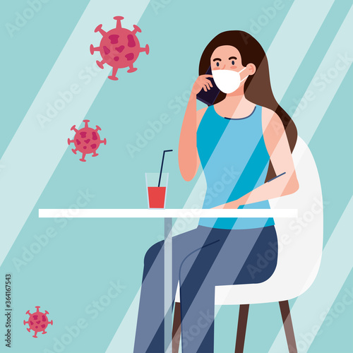 social distance in new concept restaurant , woman on table, protection, prevention of coronavirus covid 19 vector illustration design