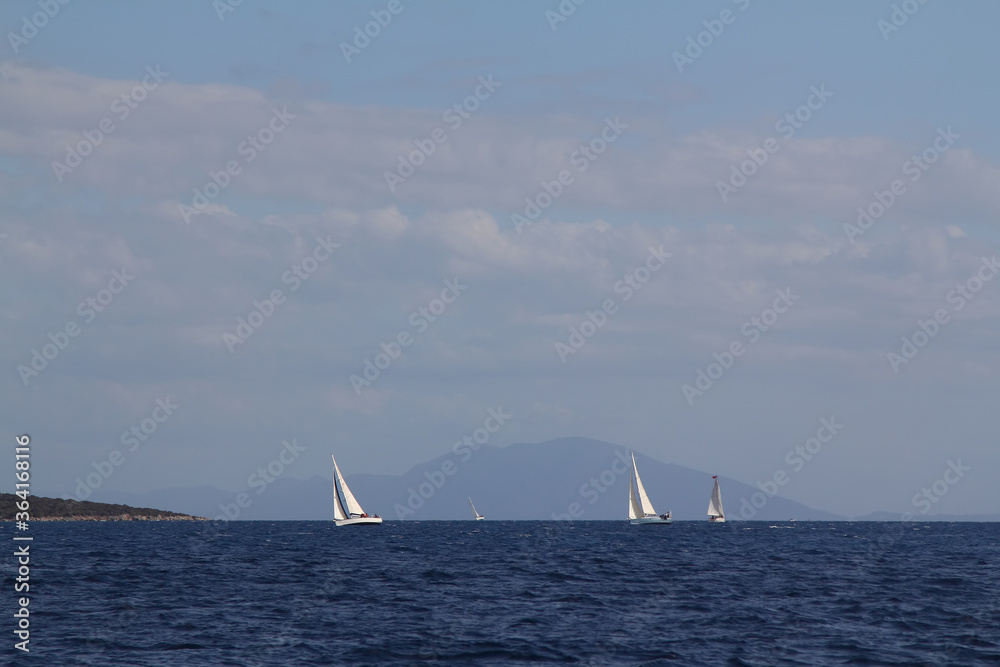 Sailing ship yachts with white sails in race the regatta in the open sea	