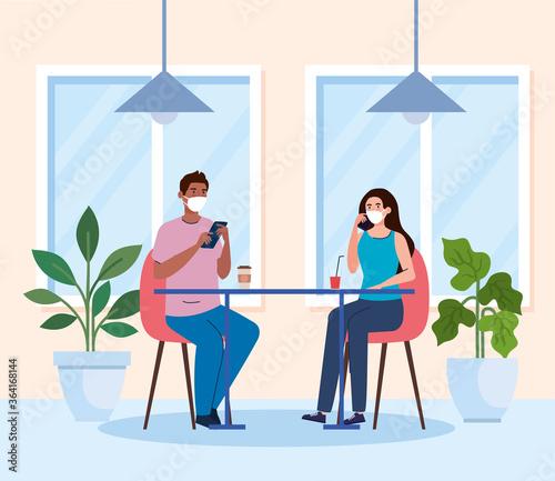 social distance in new concept restaurant , couple on table, protection, prevention of coronavirus covid 19 vector illustration design