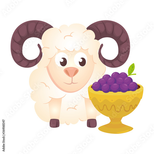 goat animal with golden plate with fruits on white background vector illustration design