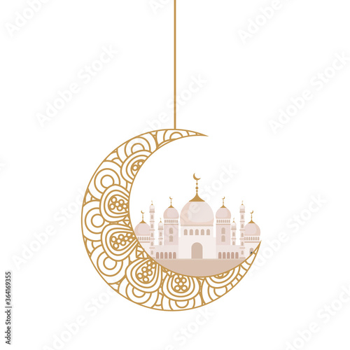 eid celebration ornament on white background, moon with mosque hanging vector illustration design