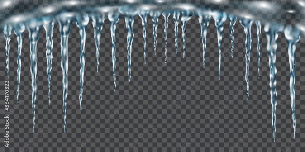 Group of translucent light blue realistic icicles of different lengths connected at the top. For use on dark background. Transparency only in vector format Group of translucent light blue realistic icicles of different lengths connected at the top. For use on dark background. Transparency only in vector format