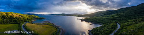 aerial shot of loch creran on the west coast of the argyll region of the scottish highlands on a summer evening during stormy weather