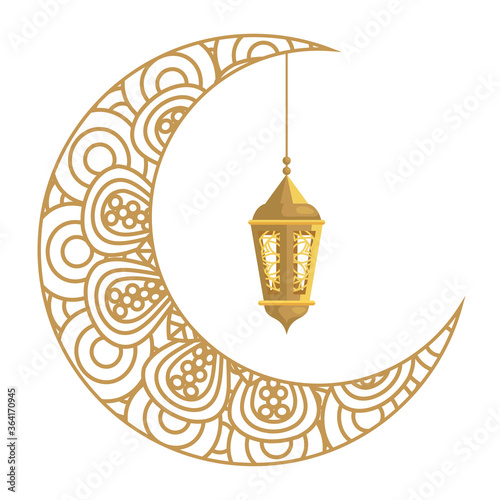 ramadan kareem lantern hanging with crescent moon golden on white background vector illustration design