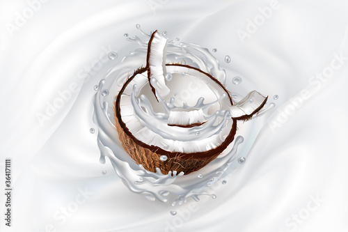 Sliced coconut in a splashing milky background.