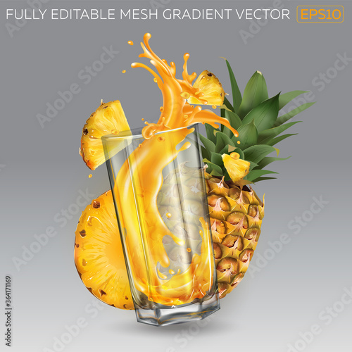 Splash of fruit juice in a glass and pineapple.