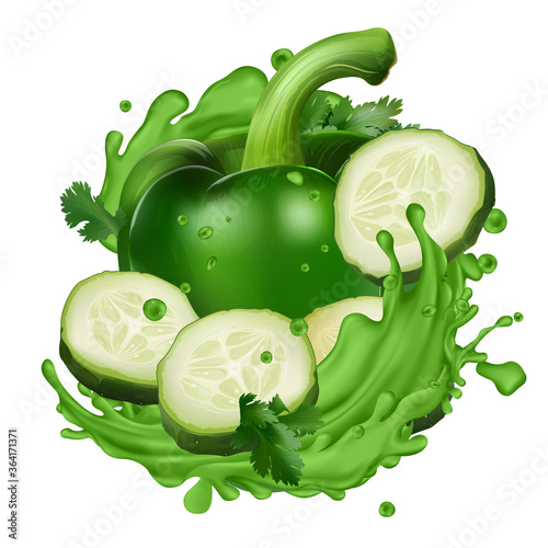 Green pepper and cucumber slices in splashes of vegetable juice