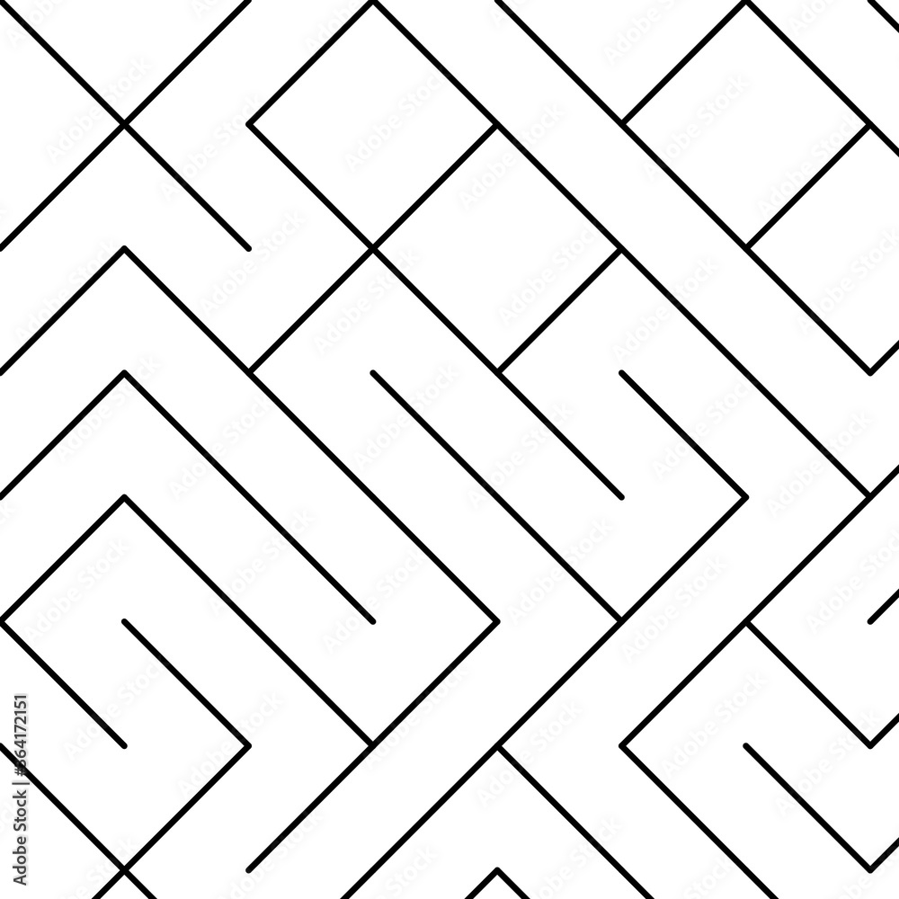 Abstract black and white labyrinthine pattern, with right angles and paths.