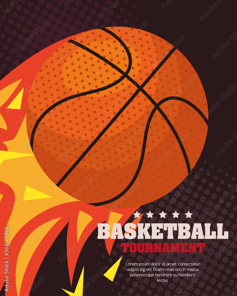 basketball tournament, emblem, design with ball of basketball in flaming vector illustration