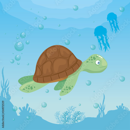 Fototapeta Naklejka Na Ścianę i Meble -  turtle and life marine in ocean, seaworld dwellers, cute underwater creatures, undersea fauna vector illustration design