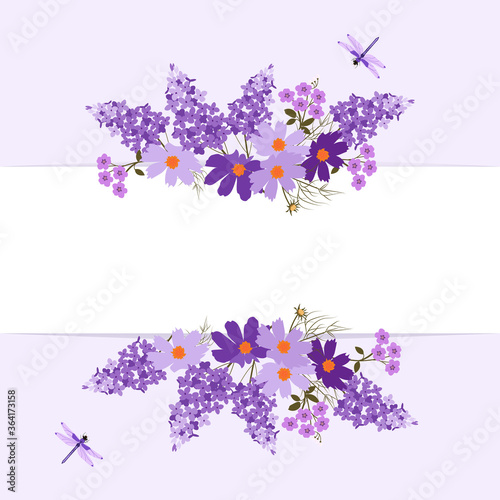 Botanical wedding invitation card template design, Lilac flowers and dragonfly, vintage theme.