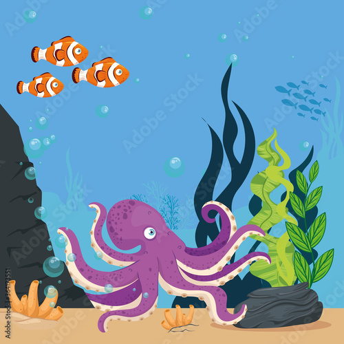 octopus and marine animals in ocean  seaworld dwellers  cute underwater creatures  undersea fauna vector illustration design