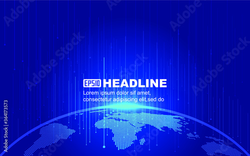 Dotted line rays around digital earth, internet technology background.