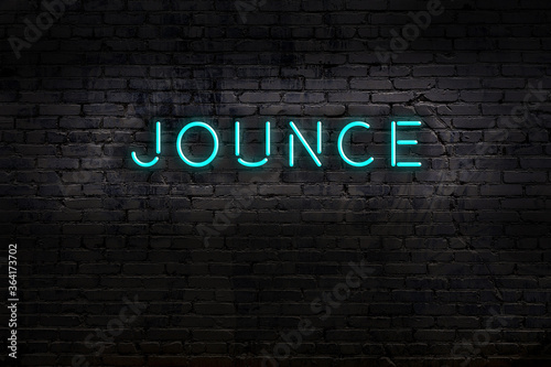 Night view of neon sign on brick wall with inscription jounce