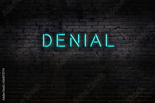 Night view of neon sign on brick wall with inscription denial