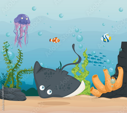 stingray and marine animals in ocean, seaworld dwellers, cute underwater creatures, undersea fauna vector illustration design