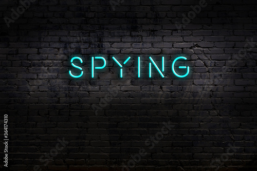 Neon sign. Word spying against brick wall. Night view