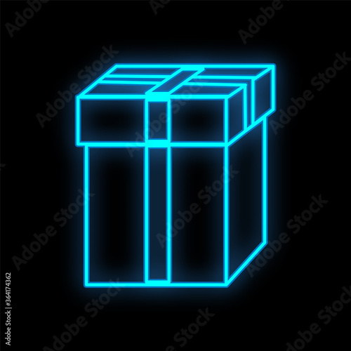 Bright luminous blue festive digital neon sign for a store or card beautiful shiny with a love gift box on a black background. Vector illustration