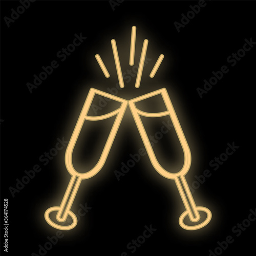 Bright luminous yellow festive digital neon sign for a store or a beautiful shiny postcard with love glasses of champagne on a black background. Vector illustration