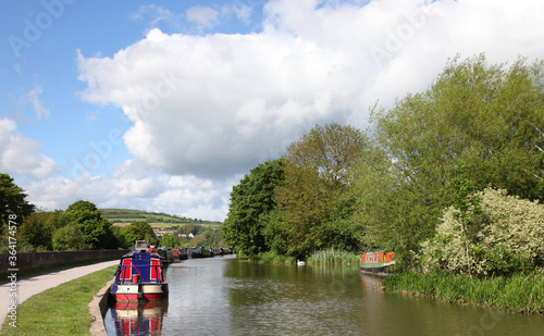 Beautiful canal in United Kingdom, featuring trees, water and boats photo