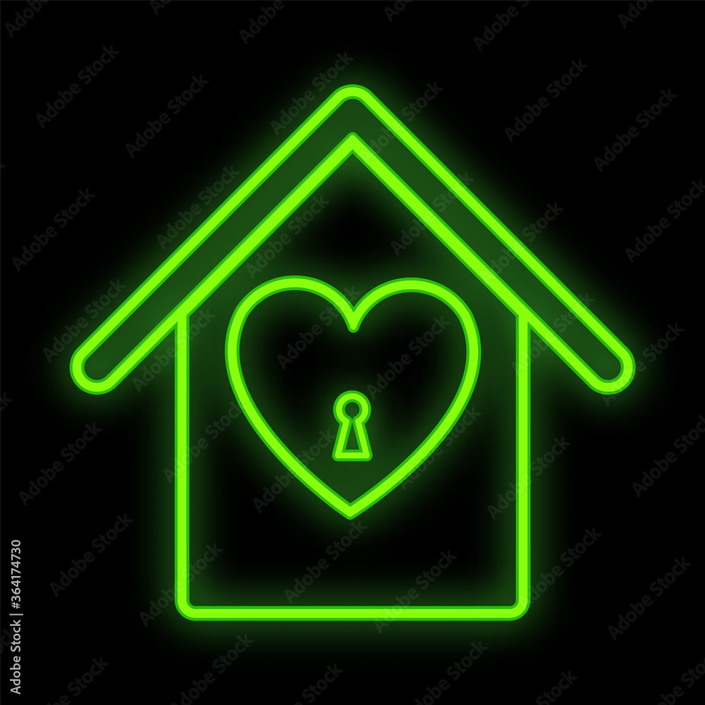 Bright luminous green festive digital neon sign for a store or postcard beautiful shiny with a love house with a heart on a black background. Vector illustration