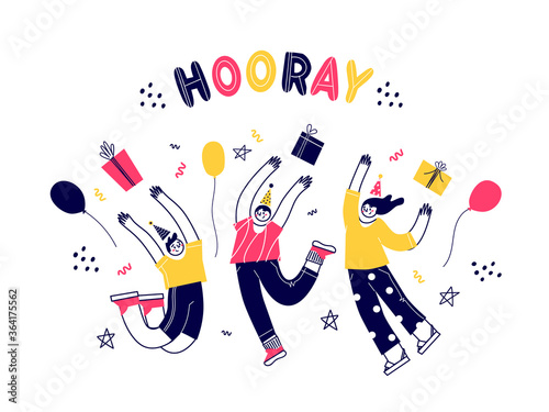 Vector characters have fun jumping. Birthday party. Different people celebrate. Flat vector illustration.
