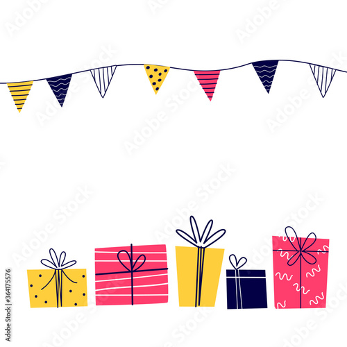 Funny presents on a white background. Birthday theme. Flat illustration