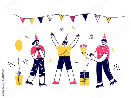 Vector characters have fun celebrating birthdays, parties, corporate parties. Flat vector illustration.
