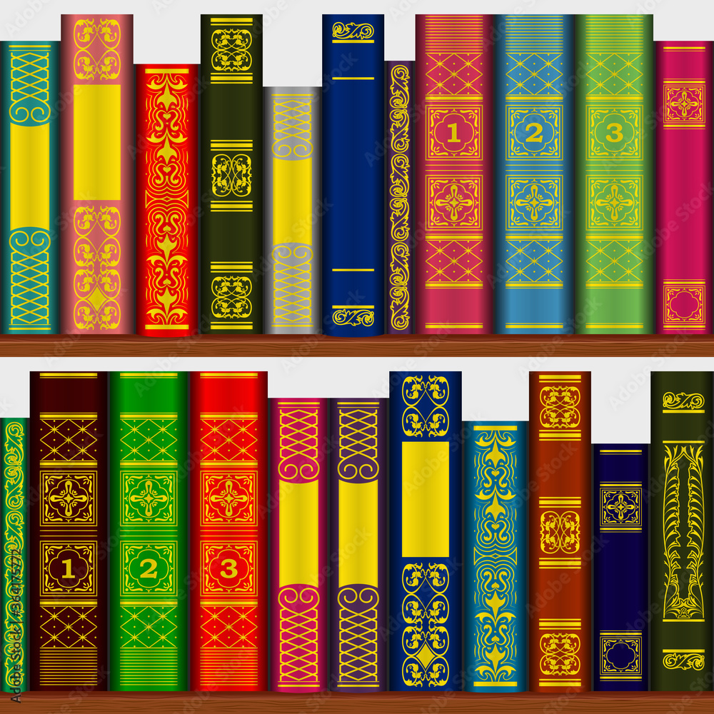 Books on the bookshelf seamless multi-colored pattern.