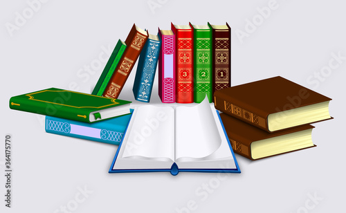Open book with blank pages and dump of Different books in rows and piles. Isolated on a light background.