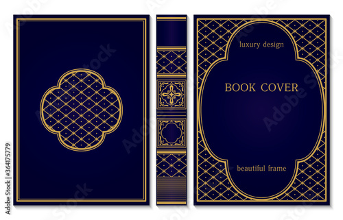 Classical book cover and spine design. Vintage ornament frames. Royal Golden and dark blue style design. Border to be printed on the covers of books.