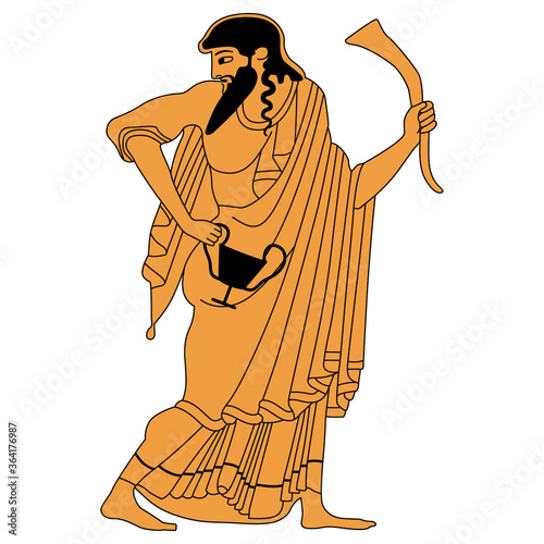 Ancient Greek god Dionysus holding cup and rhyton of wine. Vase painting style.
