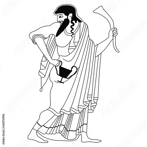 Ancient Greek god Dionysus holding cup and rhyton of wine. Vase painting style. Black and white linear silhouette.