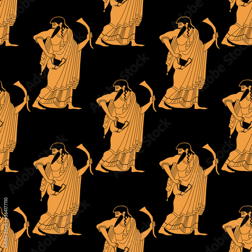Seamless geometrical pattern with silhouettes of ancient Greek god Dionysus with cup and rhyton of wine. Vase painting style.