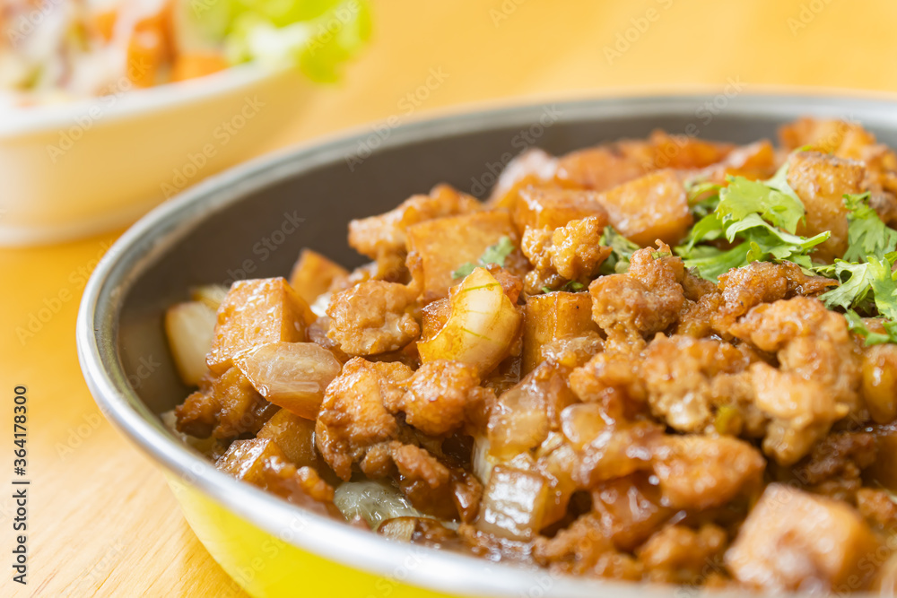 Stir Fried Pork with Onion and Garlic and Black Soy Sauce and Coriander Topping and Tofu with Natural Light on Right Frame Stir Fried Pork with Onion and Garlic and Black Soy Sauce and Coriander Topping and Tofu with Natural Light on Right Frame