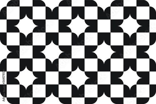 Simple black and white checkered repeating pattern with a star shape, vector illustration