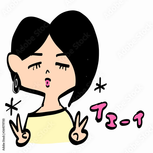 ピースサインをするボブヘア女性