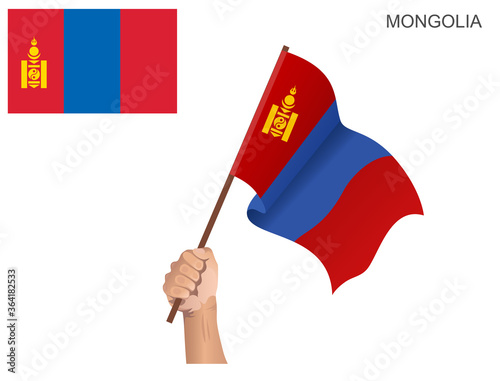 Mongolian state flag hoisted with a stick held by hand to inflame the spirit of statehood