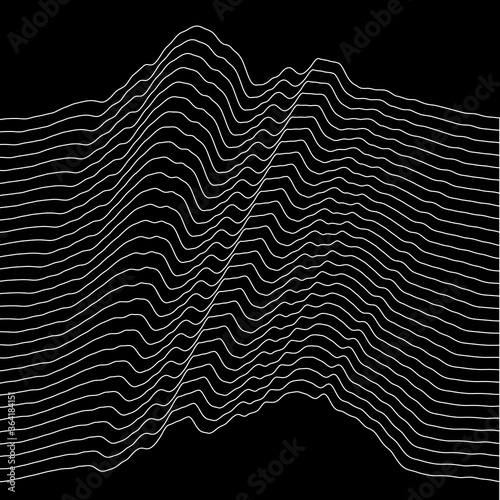 Abstract black and white line art  with curvature and overlapping geometries.