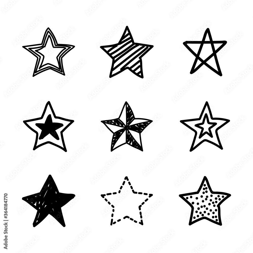 Set of icon black star. Collection of stars symbol isolated on white background. Sketch design. Doodle art. Vector illustration. Set of icon black star. Collection of stars symbol isolated on white background. Sketch design. Doodle art. Vector illustration.