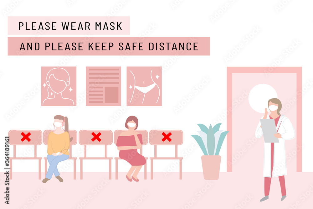 New normal lifestyle with social distancing.People wearing mask keep distance when sitting in queue, waiting for doctors.Hospital or beauty clinic reception waiting room .Protection pandemic covid-19 