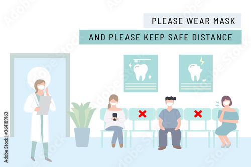 New normal lifestyle with social distancing.People wearing mask keep distance when sitting in queue, waiting for doctors.Hospital or Dental clinic reception waiting room .Protection pandemic covid-19 