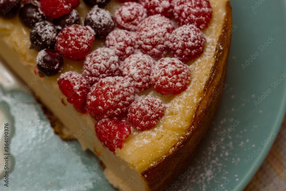 Homemade Cheesecake with Fresh Raspberries and Currants - Healthy Organic Summer Dessert Cheesecake Pie. Vanilla Cheese Cake with Wild Berry