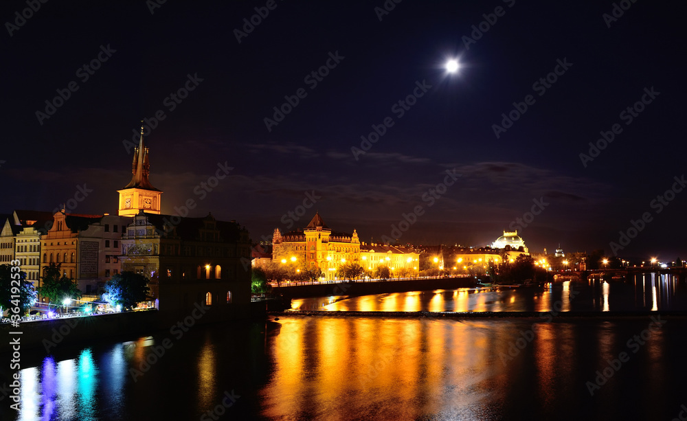 Scenic view of bridges on the Vltava river and historical center of Prague,buildings and landmarks of old town,Prague,Czech Rapublic