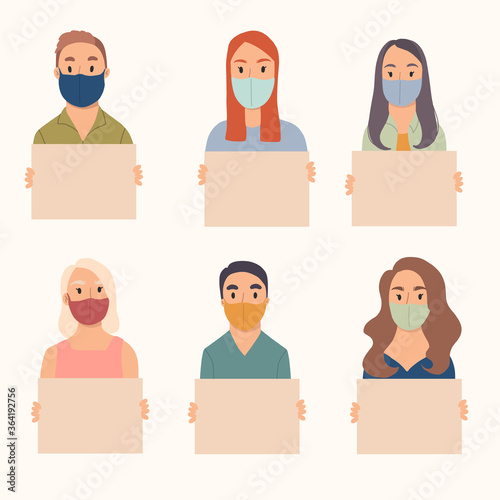 Collection yong people holding clean placards. Bundle of male and female cartoon characters demonstrating empty banners.Vector hand drawn illustation.