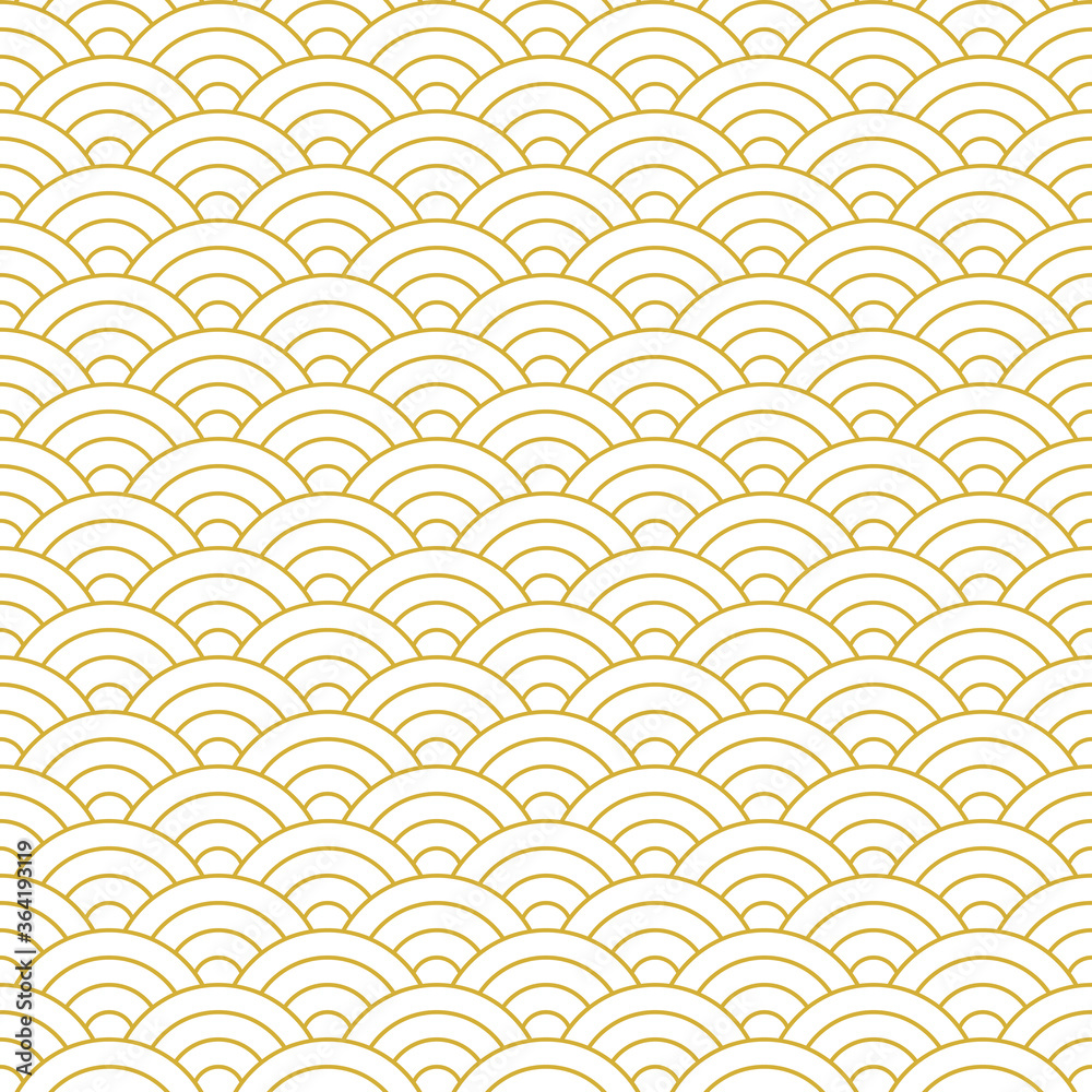 Japanese wave line pattern vector. Seigaiha in gold and white. Seamless