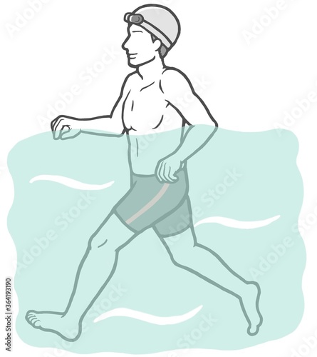 Fototapeta Naklejka Na Ścianę i Meble -  ジムのプールで水中ウォーキングする若い男性