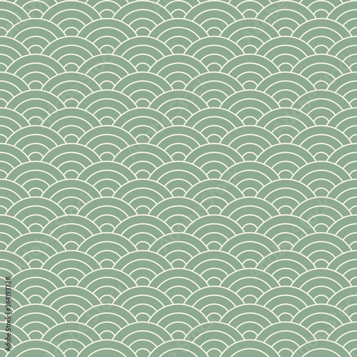 Japanese Seigaiha wave pattern vector in green. Seamless ocean waves circles background for wallpaper, textile, or other traditional decorative print. Symbol of tranquility.